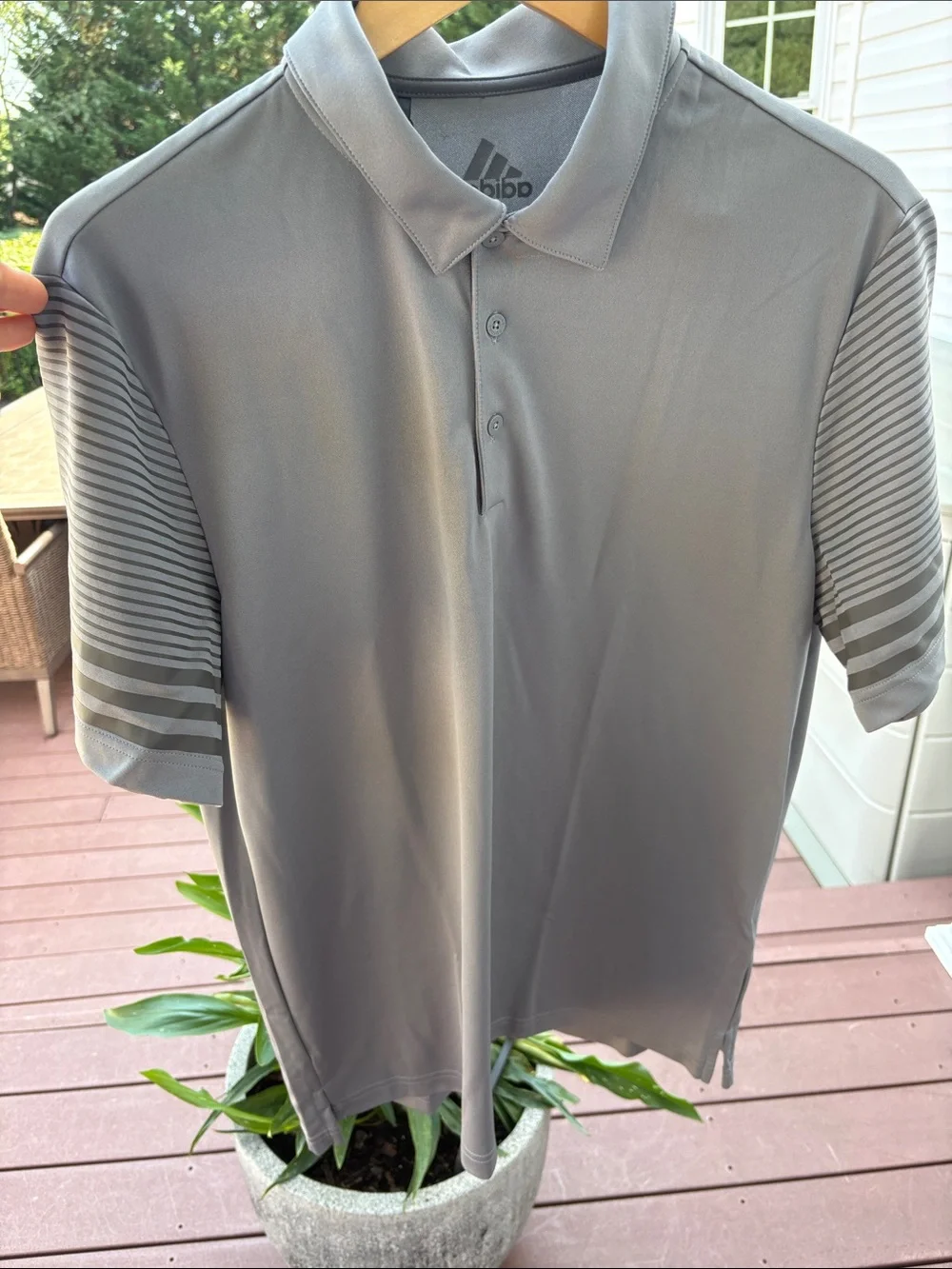 adidas Golf Men's Gray Performance Polo with Striped Sleeve Detail Large